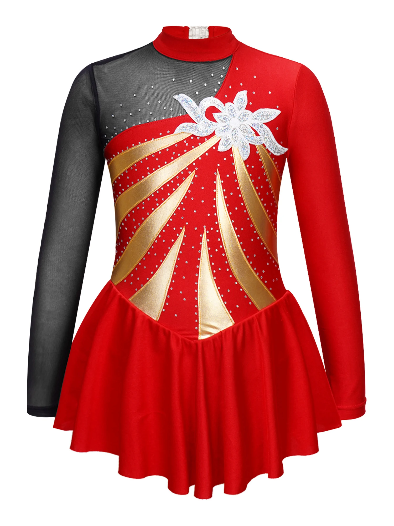 

Kids Girls Dance Dress Stylish Clothing Long Sleeve Round Collar Shiny Rhinestone Sequins Floral Decorated Hollow Back Skating