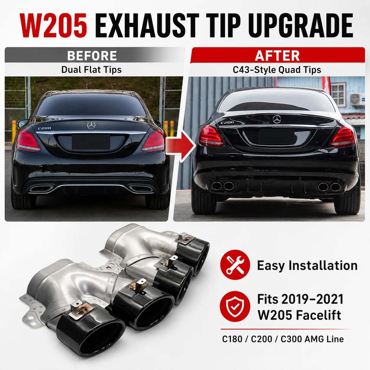 2 Stück/Set C43 Style Quad Auspuffblende für Benz W205 C200 C300 2019-2021 Schalldämpferblende Edelstahl-Endrohr