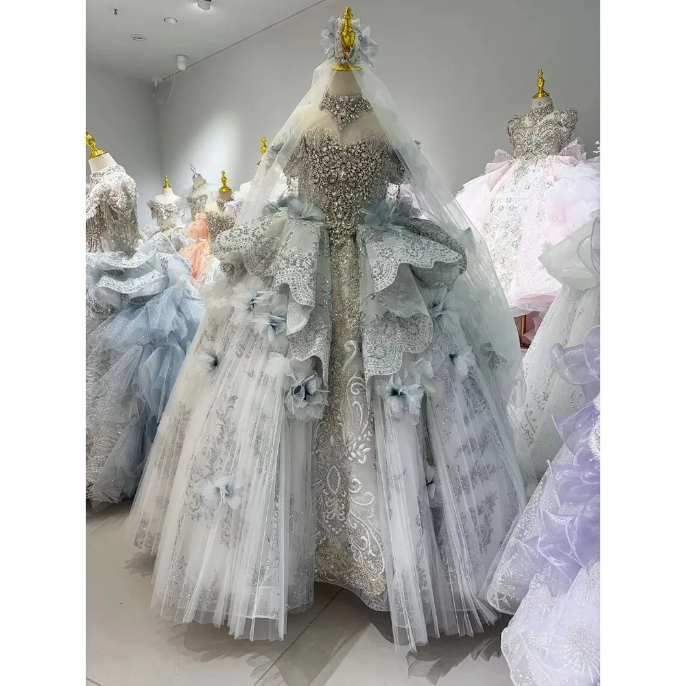 Jill Wish W105 Ice Queen — Dusty Blue Crystal Embroidered Princess Ball Gown for Quinceañera & Prom