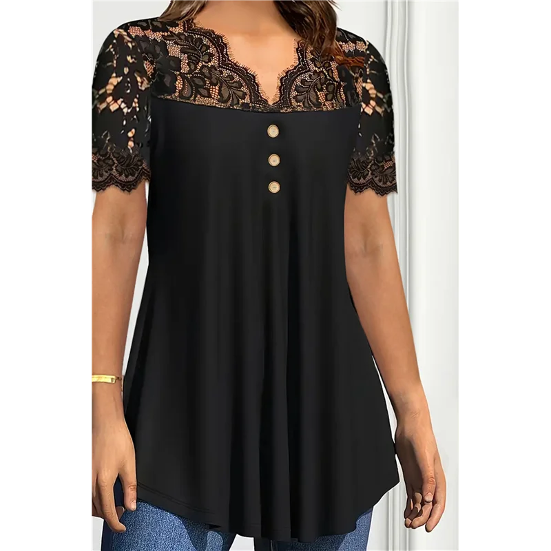 Женские топы больших размеров, рубашки на пуговицах с короткими рукавами, кружевные плиссированные туники на пуговицах с V-образным вырезом, блузки-туники