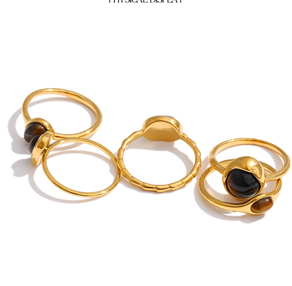Yhpup Größe 7 Edelstahl-Ring mit natürlichem Tigerauge-Stein, 18K Goldfarben PVD-beschichtet, wasserdicht, dünn, schick, modischer Fingerschmuck – Detail 3