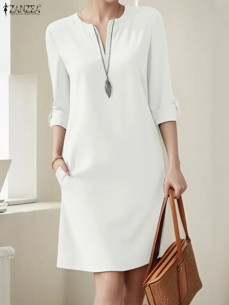 2025 ZANZEA femmes chemise longue Robe mode automne couleur unie genou longueur Robe d'été 3/4 manches décontracté ample fête robes Robe