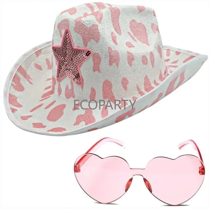 Novelty Pink Five Pointed Star Cowboy Hat with Heart Shaped Sunglasses Kerchief Cowgirl Hat for Women Western Party Three-piece