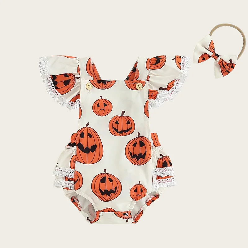 2024 Halloween Girl outfit Ruffled short sleeves Cake Lace Bodysuit Pumpkin Print Princess Suspenders jumpsuit with Headwear