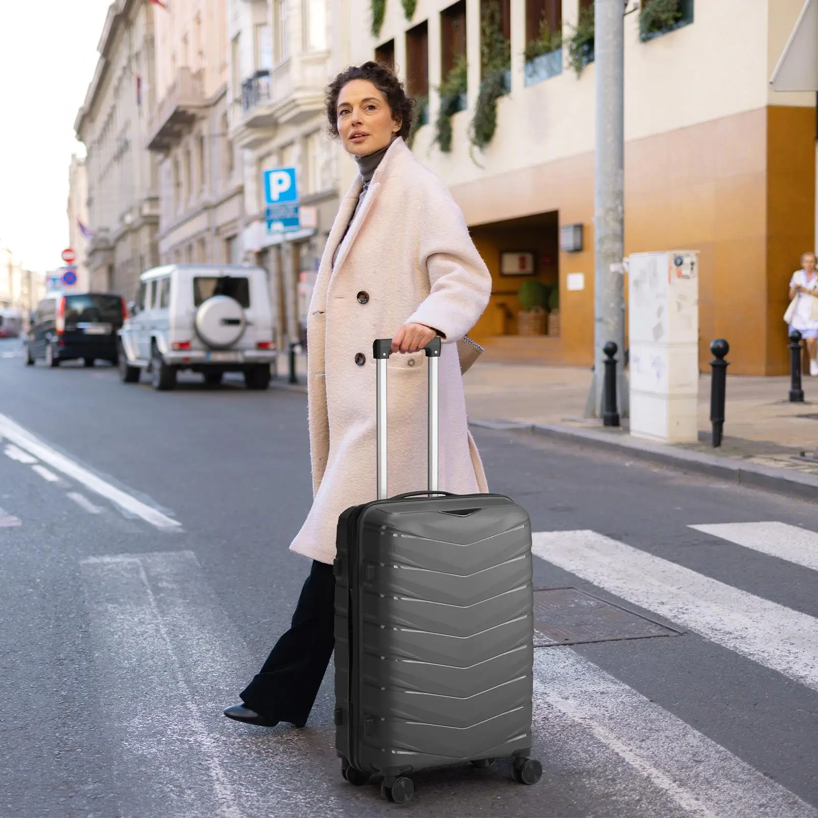 3-in-1 V-Shaped Stripe PP Trolley Case - Classic Dark Gray (20in, 24in, 28in) Travel Luggage