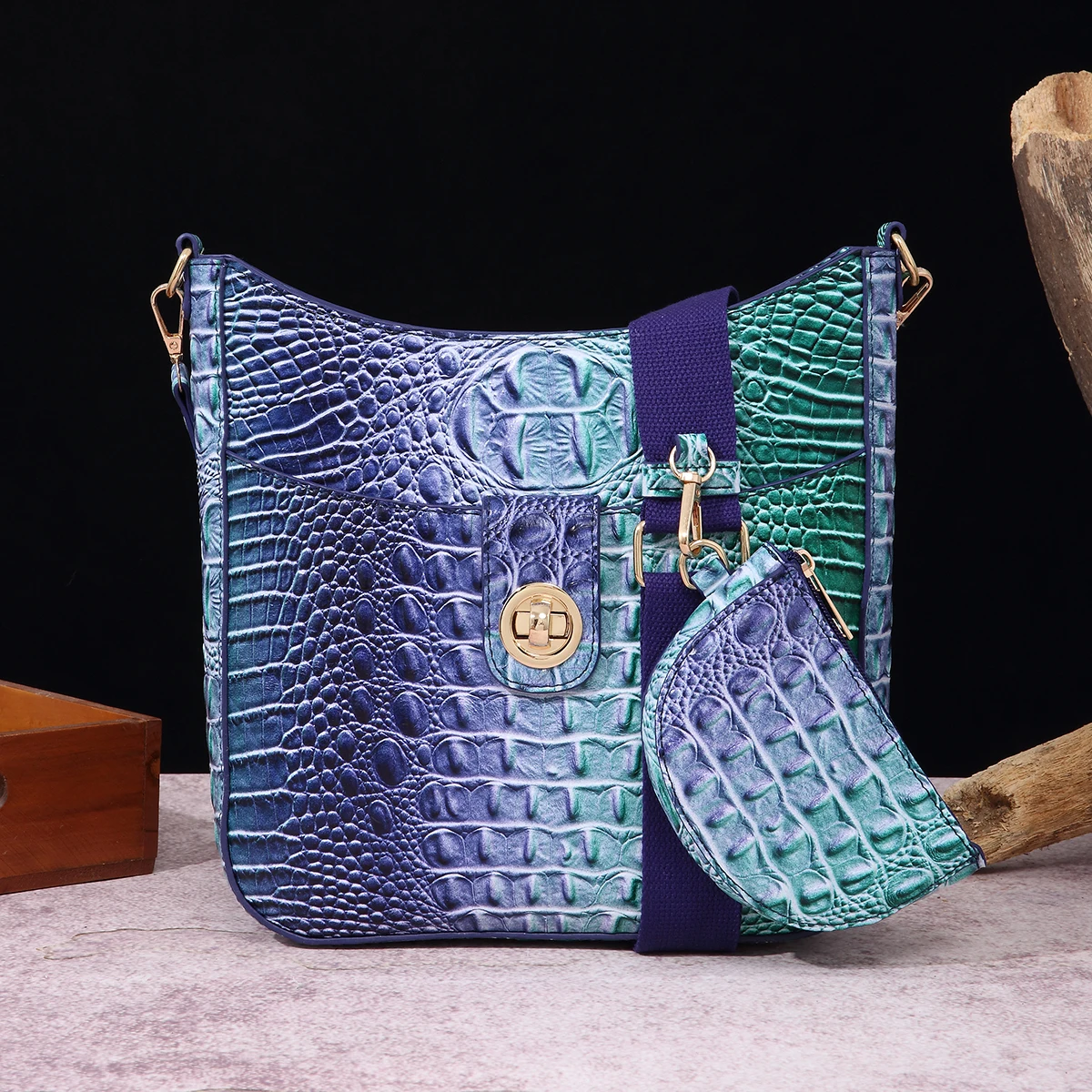 Creative color solid color crocodile pattern single shoulder crossbody bag 2-piece set with coin purse