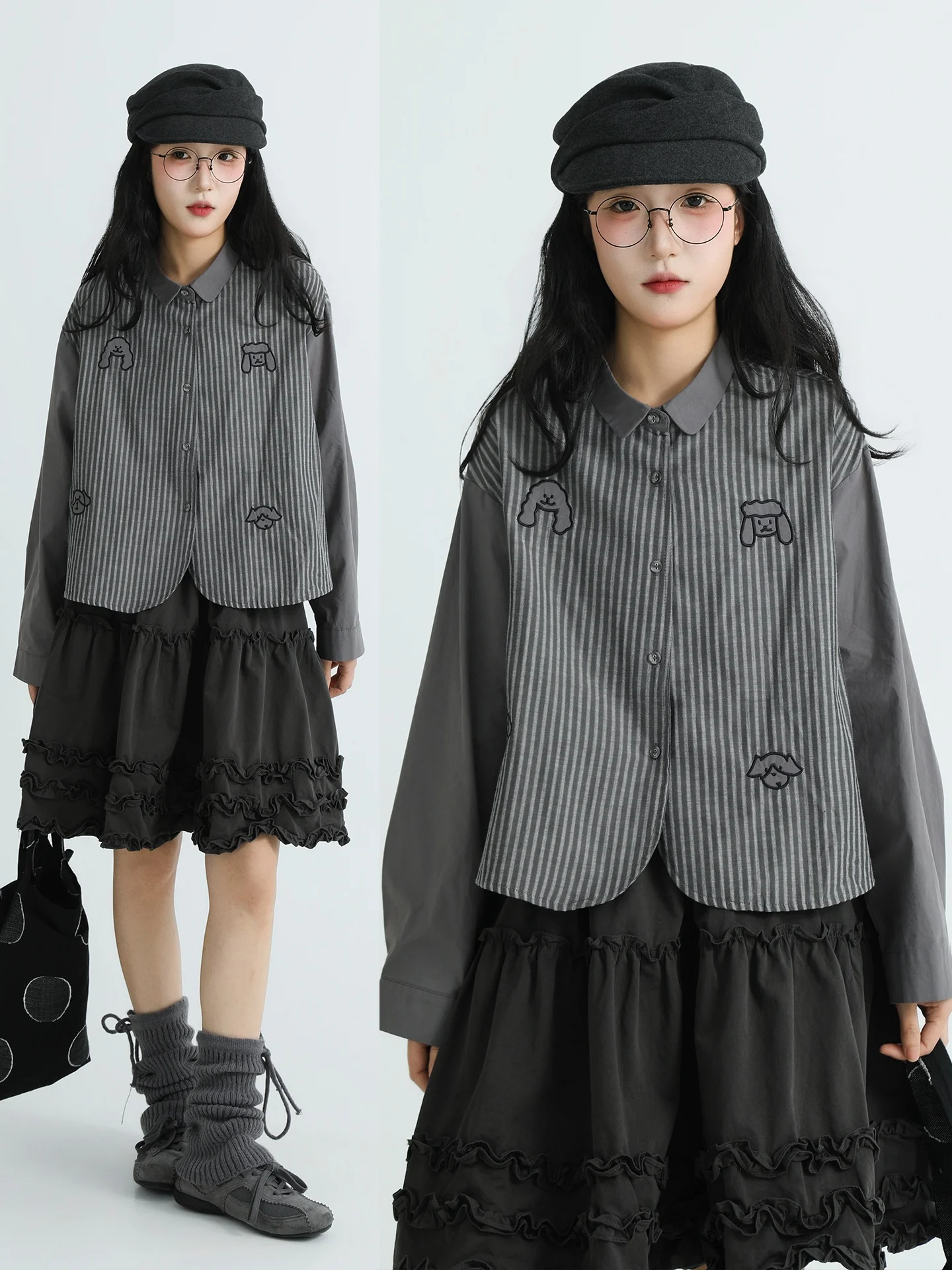 

Boeren Long Sleeve Striped Patchwork Women's Shirt Vintage Retro Childhood Fun Slimming Top Cotton Commute Style Spring