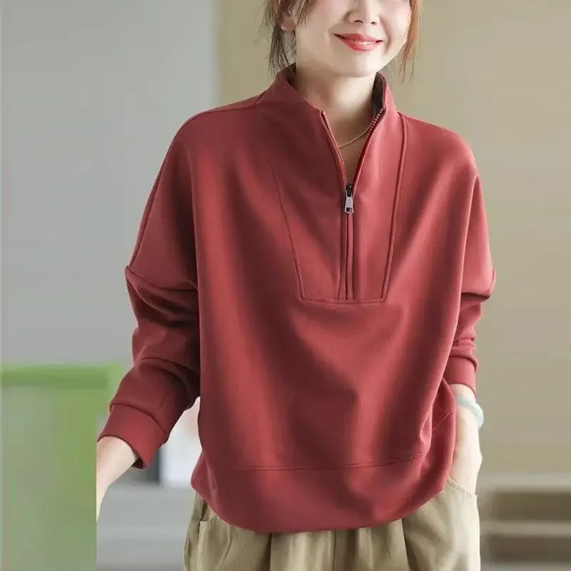 

2025 New Women's Clothing Autumn Stand Collar Solid Color Pullover Zipper Lantern Long Sleeved Casual Fashionable Elegant Tops
