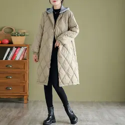 2024 Winter Loose Hooded Down Cotton Long Coat Women's Oversize 4XL Windproof Outerwear Warm Parka Rhombic lattice Jacket Female