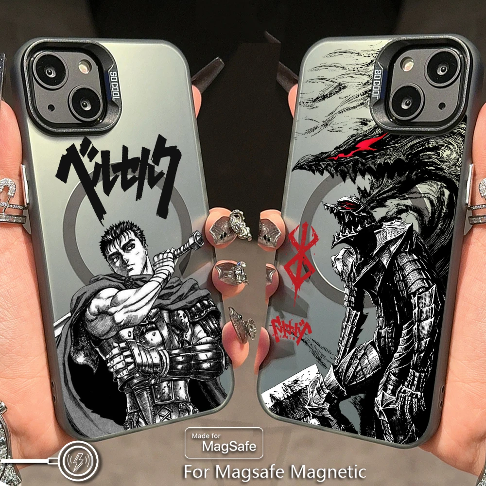 Funda magnética Berserk Guts Magsafe para iPhone 11 12 13 14 15 16 Pro Max Plus, funda trasera anticaída chapada en plata suave