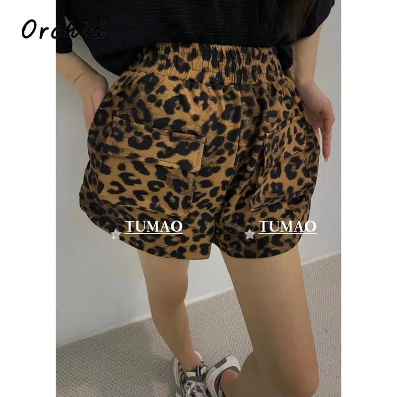 

Women's Casual Style Elastic Waist Jeans Vintage Aesthetic Loose Shorts Y2K Leopard Punk Baggy Short Sweatpants Summer 2024