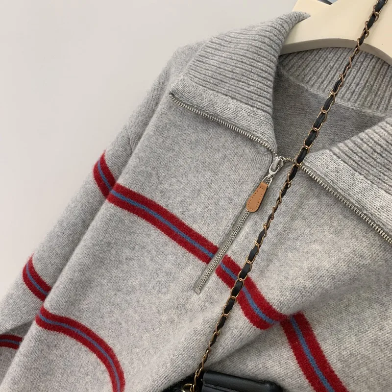 2024 Polo Collar Half Zip Chain Sweater Women's Autumn Winter Lazy Style Color Block Knitwear Pullover Stripe Loose Knit Sweater