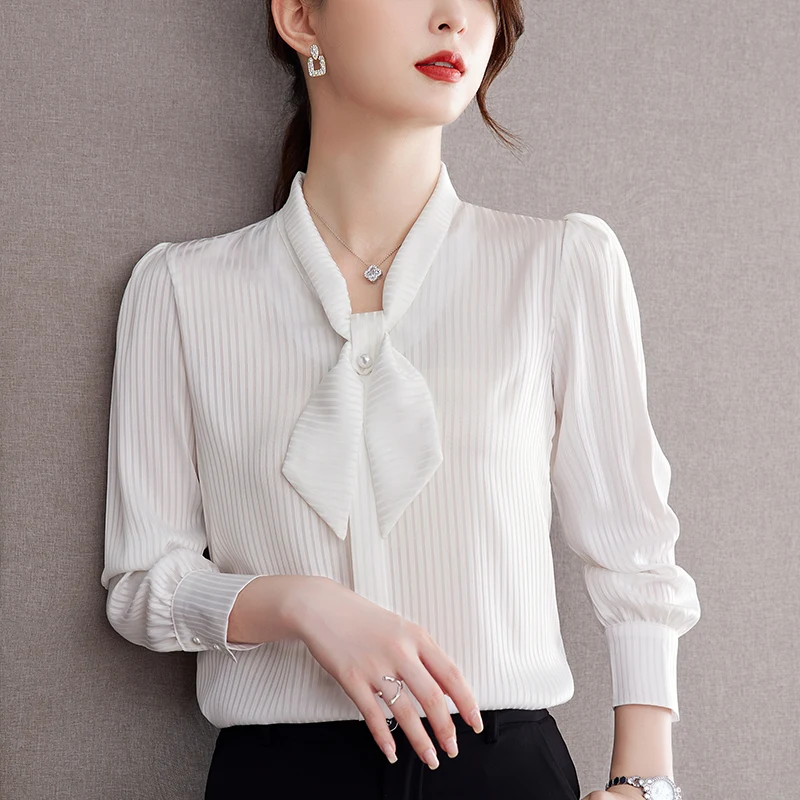 

New Female High-Quality And Fashionable Versatile Bow Tie Top For Women'S Spring And Autumn Striped Commuting Long Sleeved Shirt