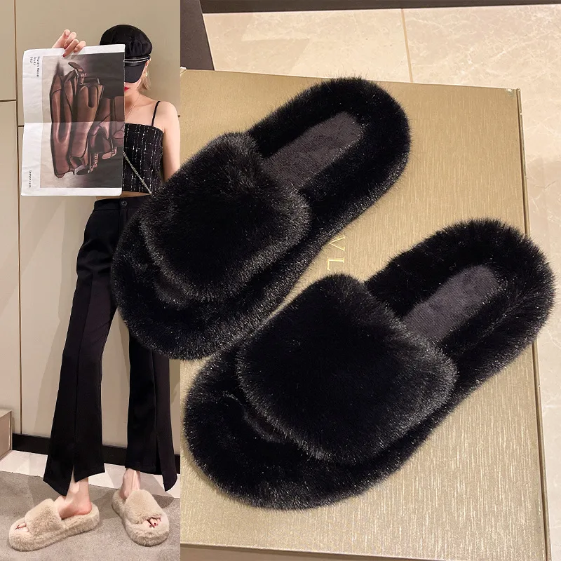 Home Slippers Women\'s Flat Shoes Female Lady Fur Flip Flops Slides 2023 Soft Plush Cotton Indoor Winter Zapato Mujer