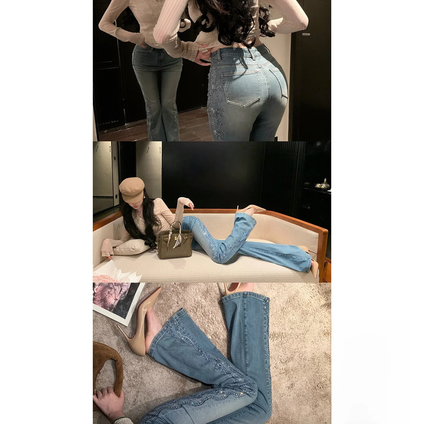 Syqiao Women's High Waist Bell Bottom Jeans Summer Washed Heavy Embroidery Rhinestone Micro Flared Denim Skinnier Long Trousers