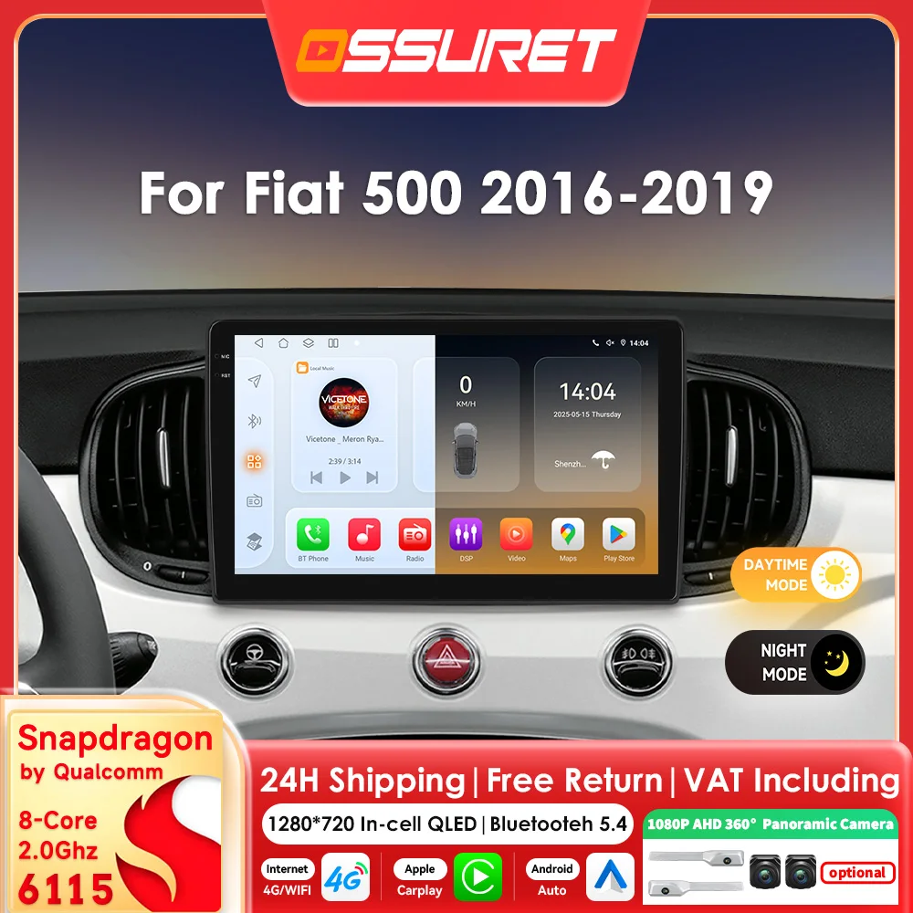 Autoradio Android 14 Autoradio pour Fiat 500 2016 -2019 lecteur multimédia par Snapdragon 6115 Carplay GPS 360 caméra 9 "écran 2DIN