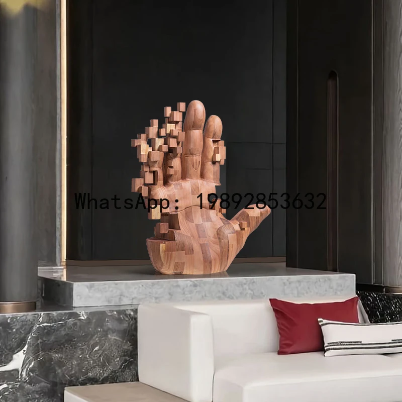 Mosaic Palm Sculpture Floor-standing Large Ornament Entrance Decoration High-end Wooden Carving Art Installation