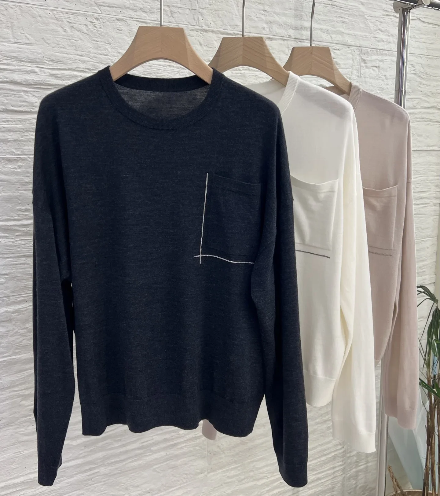 

Beaded Pocket Women Knitted Pullover Long Sleeve Round Neck Solid Color Casual Female 100% Wool Sweater