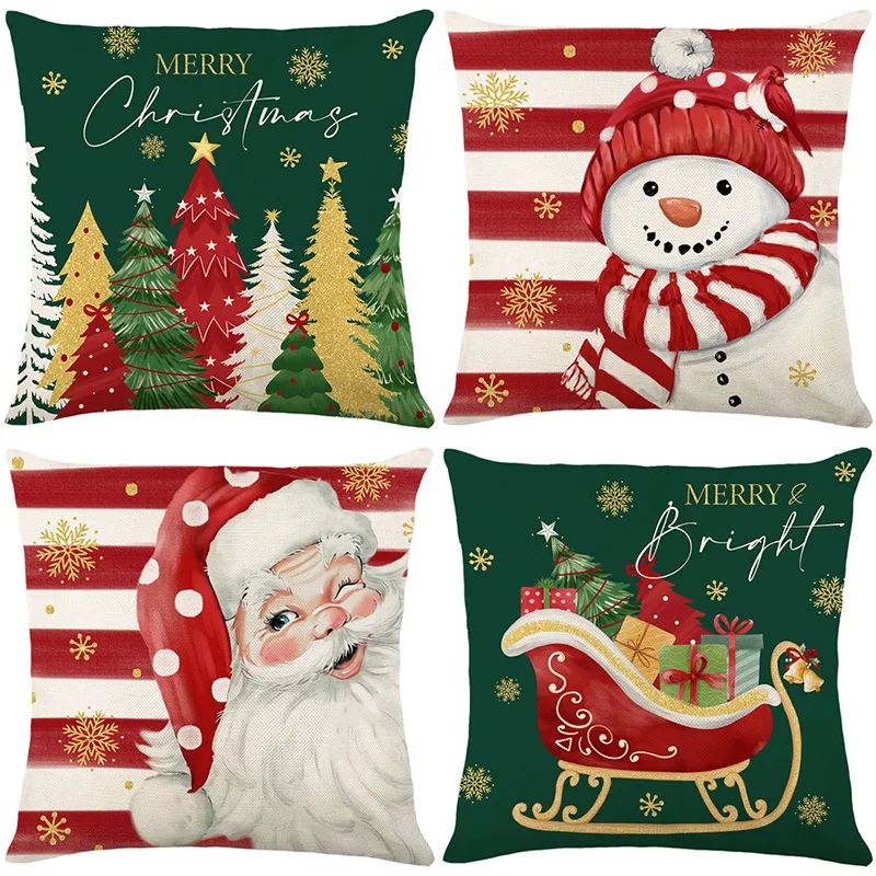 Simple Holiday Throw Pillow Cover Red Green Santa Claus Cartoon Print Linen Sofa Decor Pillowcase Bedroom Cushion Covers 45x45