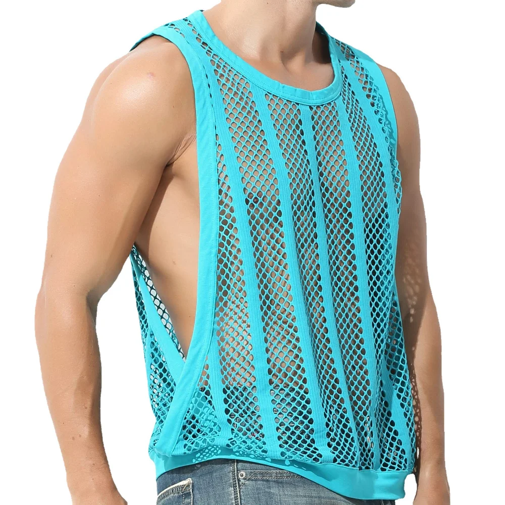 Stretch Large Size Mesh Tops Men\'s Casual Hollow Out Sexy Vest Streetwear Men\'s Muscular Tank Tops Gym Clothing