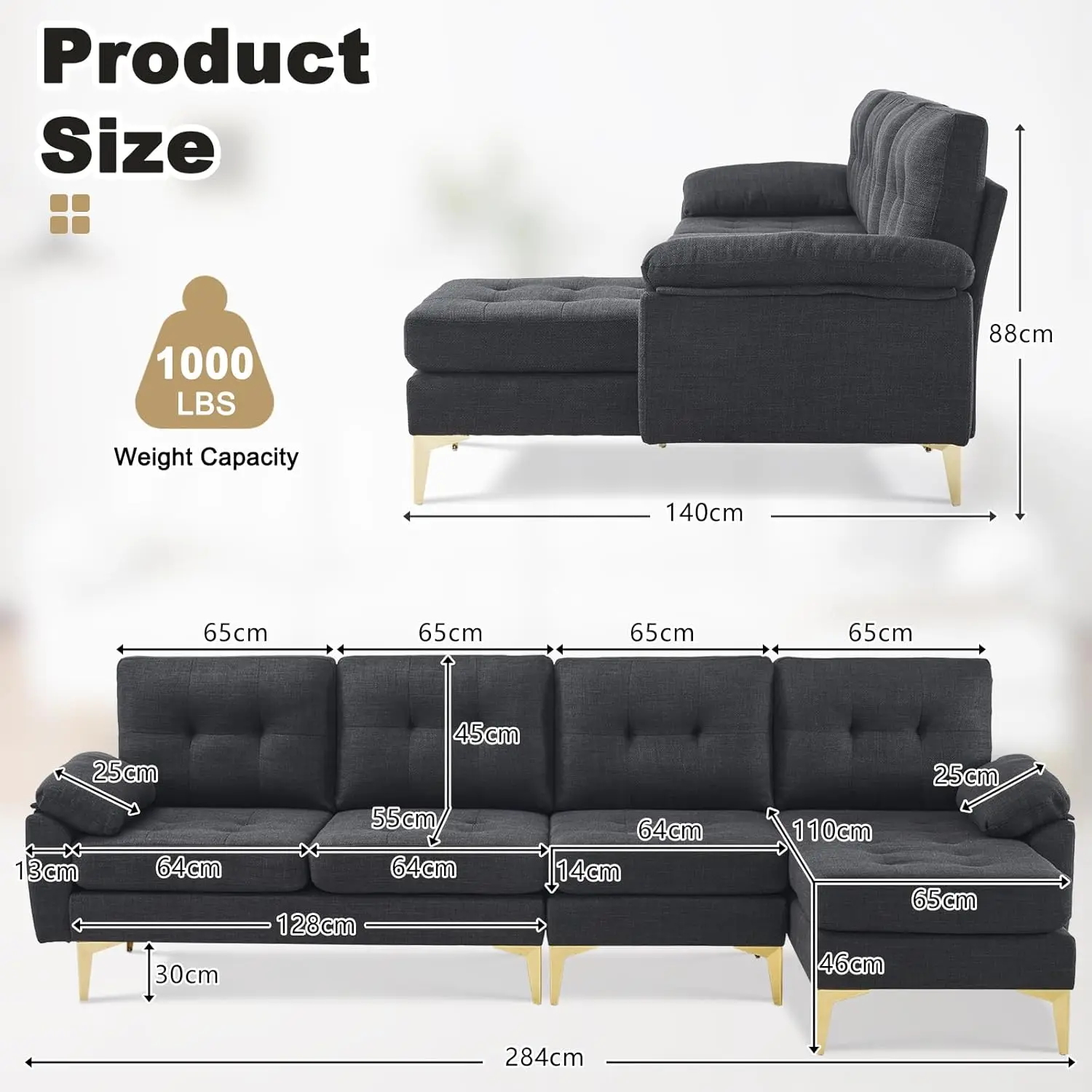 Sectional Couch Sofa for Living Room, L-Shape Furniture Comfortable Non Wrinkle Design Suitable for Modern Home Decor