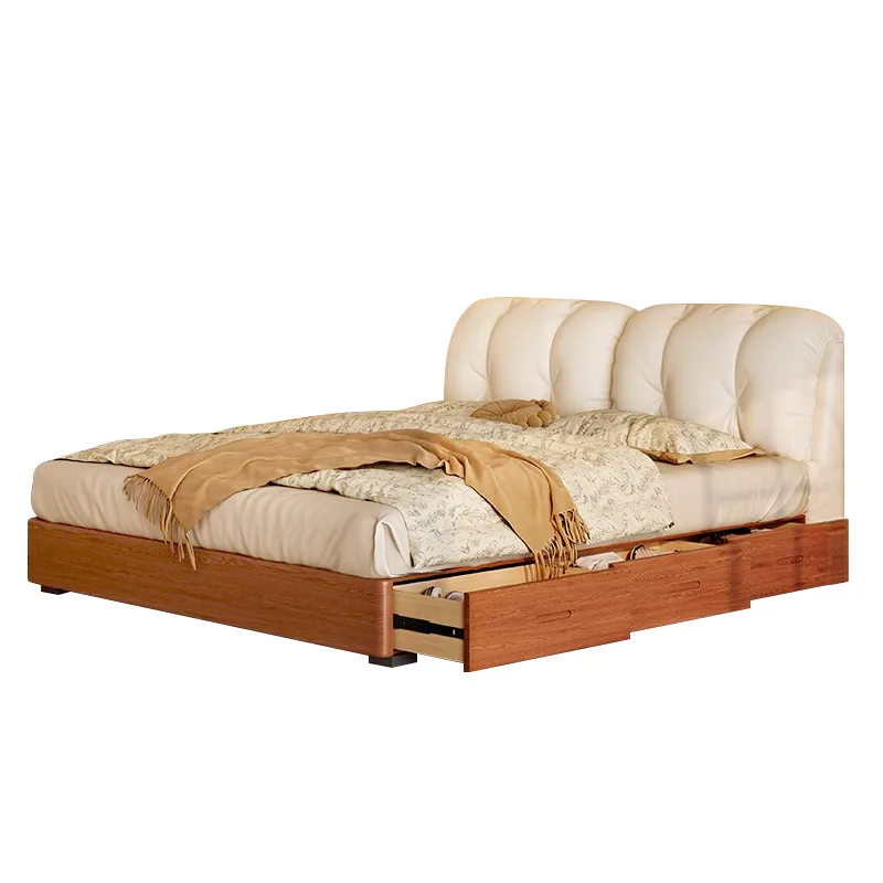 Cama nube, bolsa suave de cuero retro con cajón de almacenamiento, dormitorio principal, minimalista italiano, doble de madera de fresno