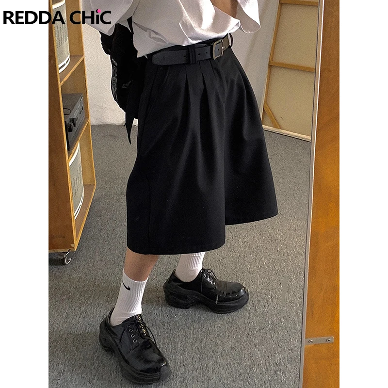 

ReddaChic Men Pleated Extra-wide Leg Dress Pants Solid Black Cleanfit High Waist Work Casual Baggy Jorts Summer Everyday Wear