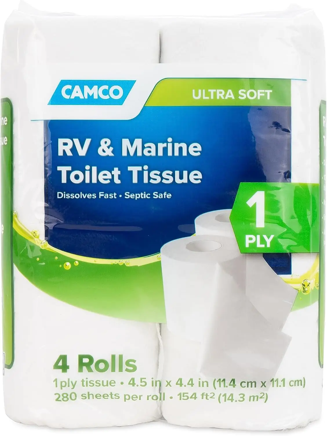 

RV Toilet Paper 4-Pack Sewer-Safe Biodegradable 1-Ply for Camper Trailer Marine Sanitation Systems 280 Sheets per Roll
