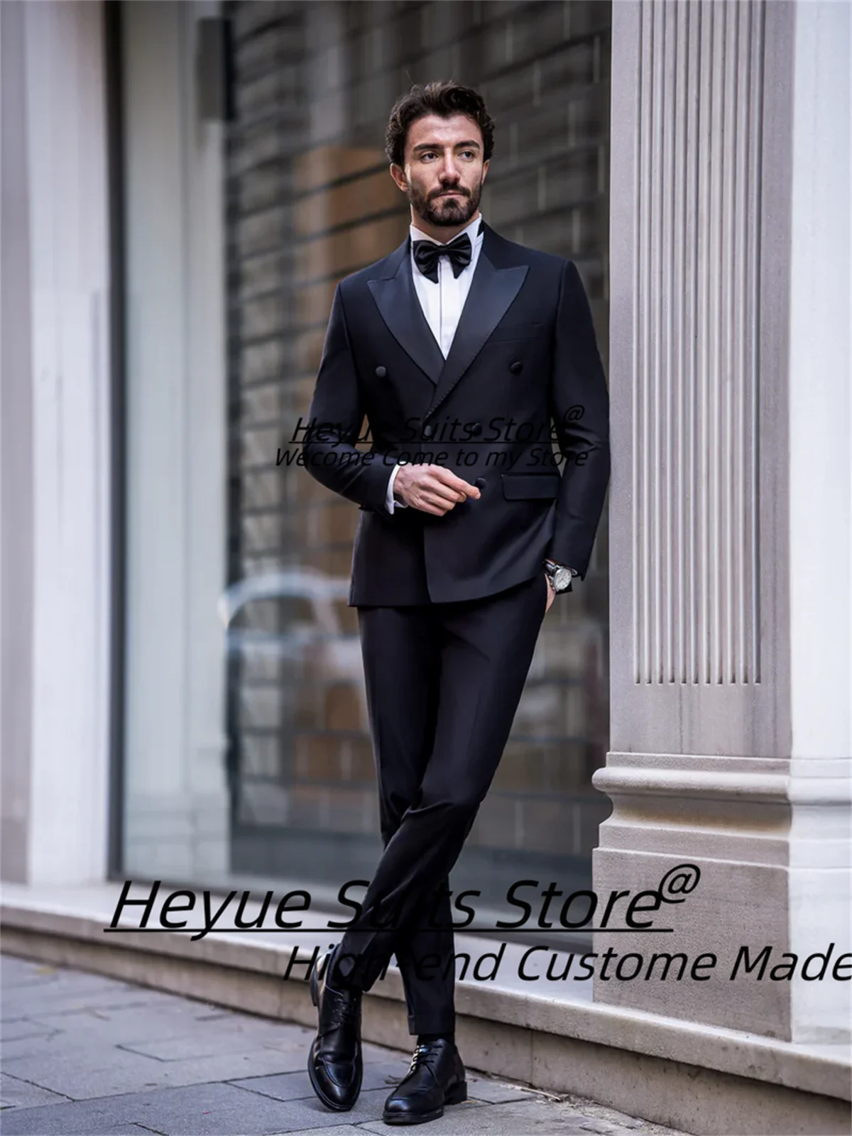 Luxuly Black Double Breasted Elegant Men Suits Slim Peak Lapel Groom Wedding Tuxedos 2Pcs Sets Handsome Male Blazers Ropa Hombre