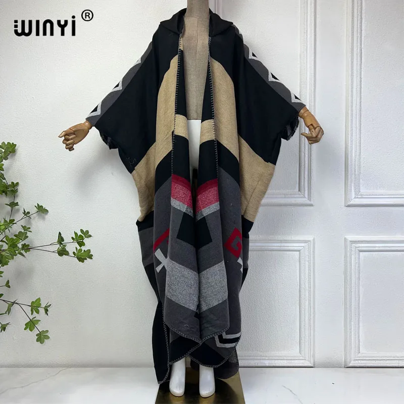 WINYI new 2024 Winter print coat outfits Women high quality tassels dress Loose Warm Female kaftan poncho Hooded mop coat Abaya