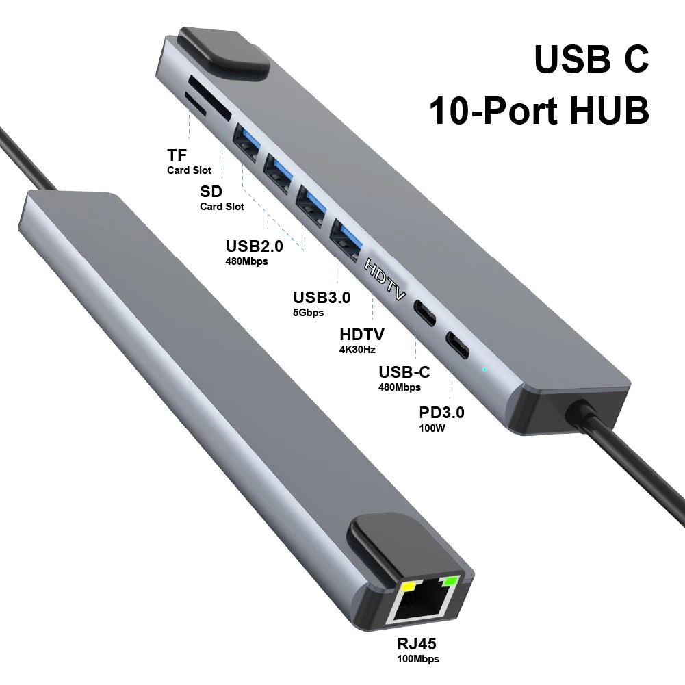 10-in-1 USB C Hub with 4K30Hz HDTV, 100Mbps RJ45, 1 USB 3.0 5Gbps, 3 USB 2.0, USB-C 480Mbps, PD 100W, SD/TF Reader for Laptop