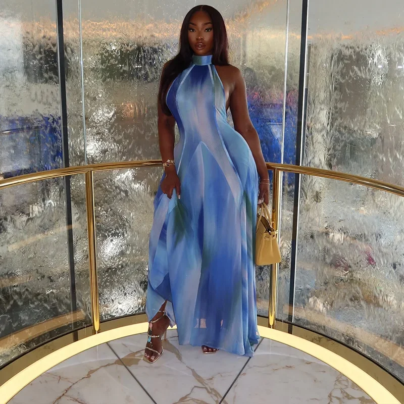 Women Gradient Print O-Neck Sleeveless Bodycon Long Dress 2025 Summer Holiday Birthday Evening Beach Sexy Party Dresses