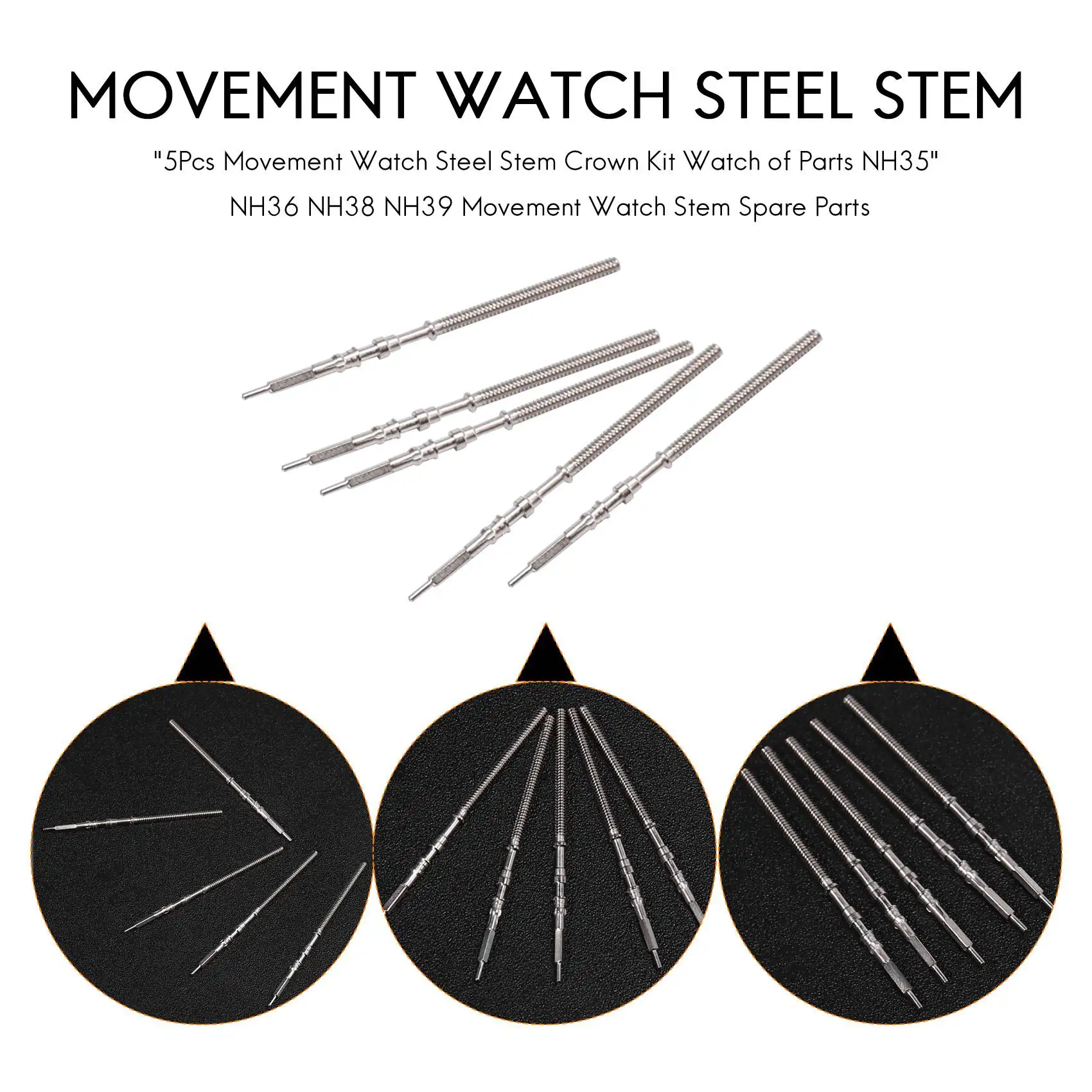 Movimento Assista Aço Stem Crown Kit, Assista Peças De Reposição, NH35, NH36, NH38, NH39, 5Pcs