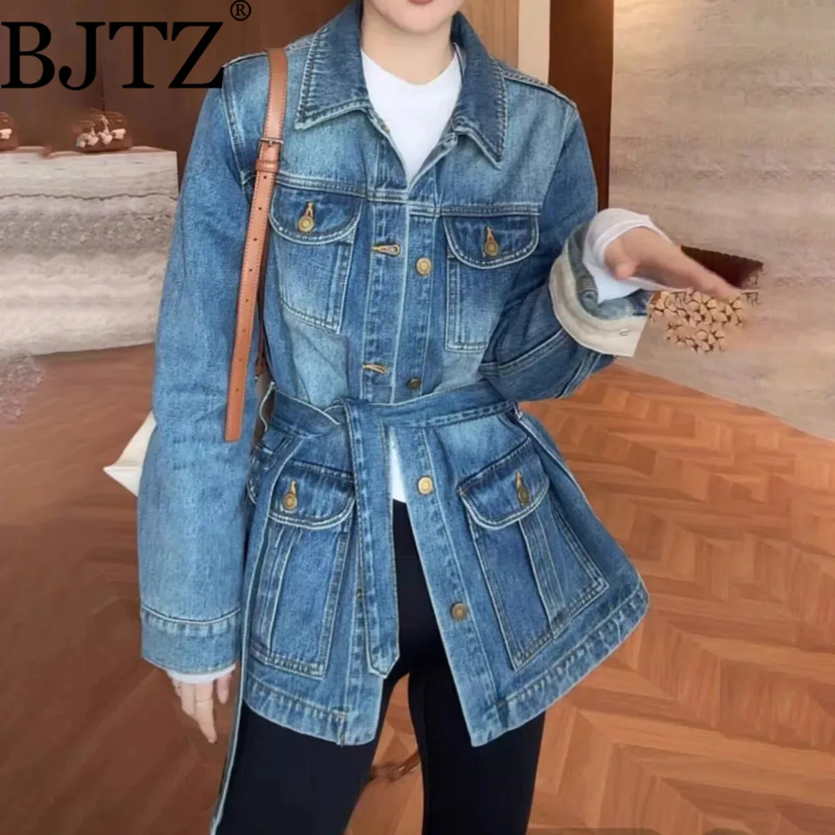 

BJTZ 2025 Trendy Elegant Casual Denim Jacket Women's Loose Fit Belted Waist Tied Coat Early Fall Fashion Outerwear Coat