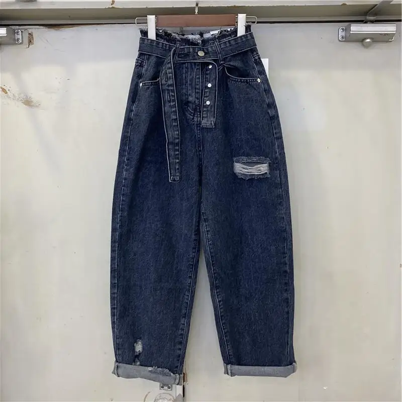 Preto das mulheres jeans de cintura alta do vintage em linha reta baggy calças jeans streetwear estilo americano moda perna larga calças jeans q286