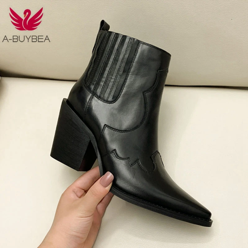 Botas de cuero Natural para mujer, Botines de tacón medio con punta puntiaguda auténtica, tacón cuadrado grueso, sin cordones, estilo occidental,