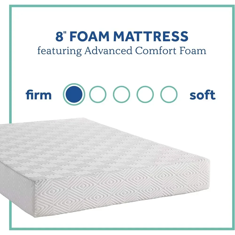 Double mattress, foam construction, 8 inches tall, firm to the touch, stress relief, support comfort and back pain relief, white