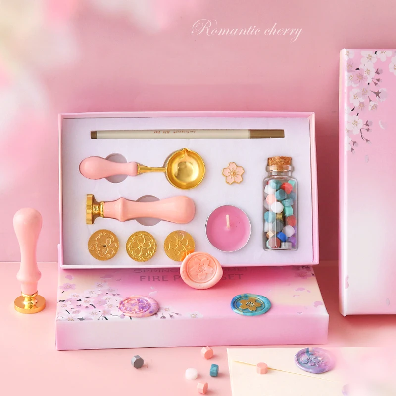 สวย Dreamy Cherry Blossom Fire Paint Seal ชุด Kawaii Retro Seal หัวซองจดหมายซีลขี้ผึ้งอนุภาคสามเณรเครื่องมือ