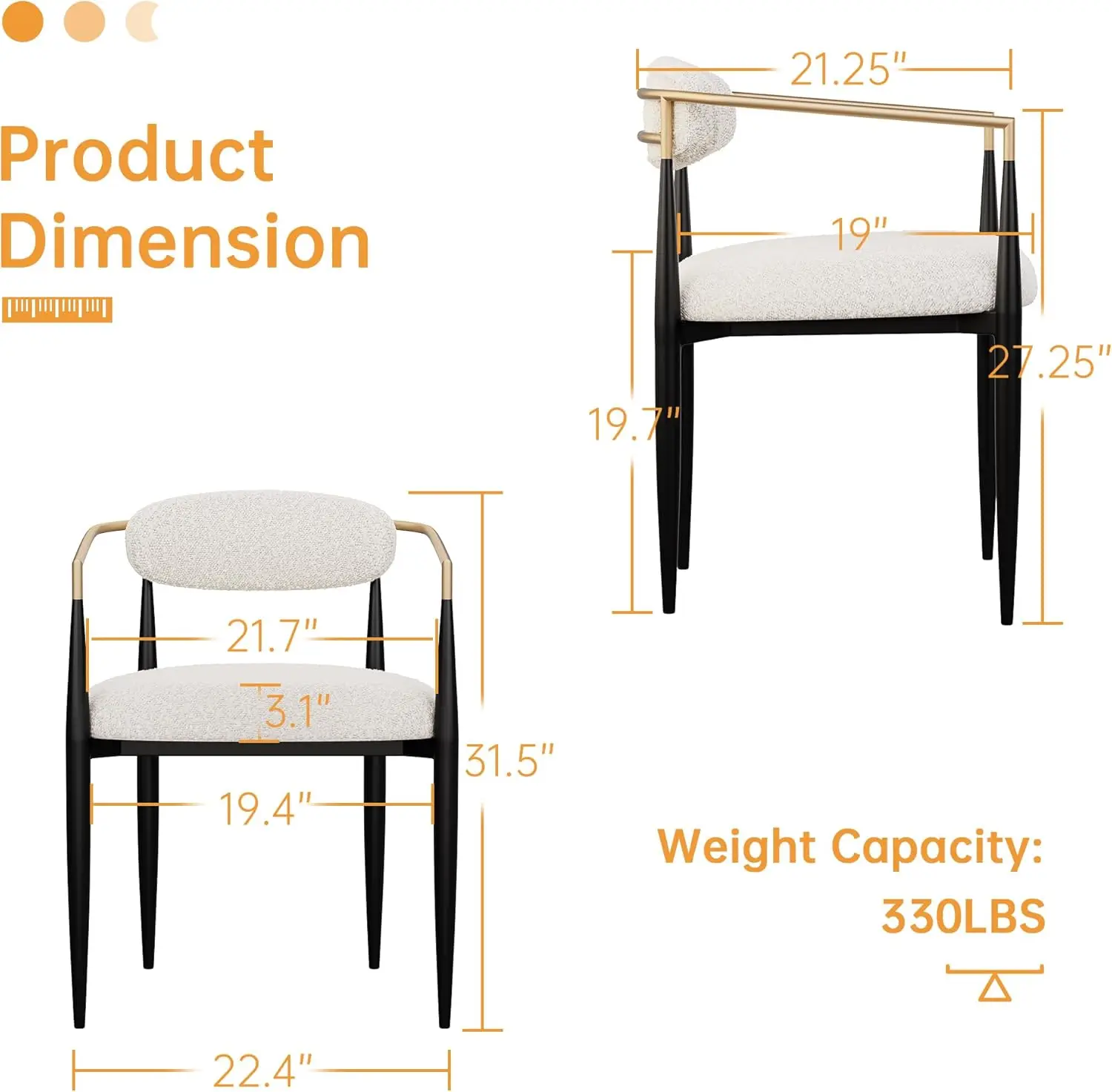 Black Metal and Gold Arm Upholstered Boucle Dining Chairs for Kitchen, Living Room and Restaurant, Modern Design