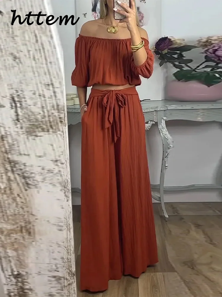 

Elegant Off Shoulder Top Pants Sets Women Pleated Lantern Sleeve Crop Tops Lace Up Wide Leg Pants 2025 Summer Lady Casual Outfit