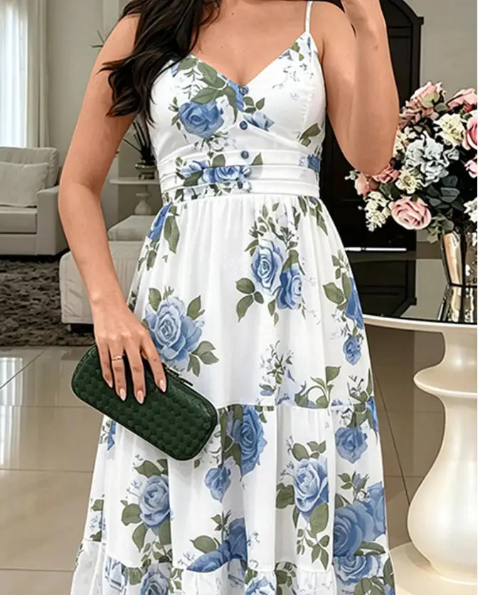 

Women's Dress 2026 Spring Summer New Fashion V-Neck Floral Print Backless Cinched Waist Sleeveless Casual Vacation Long Dress