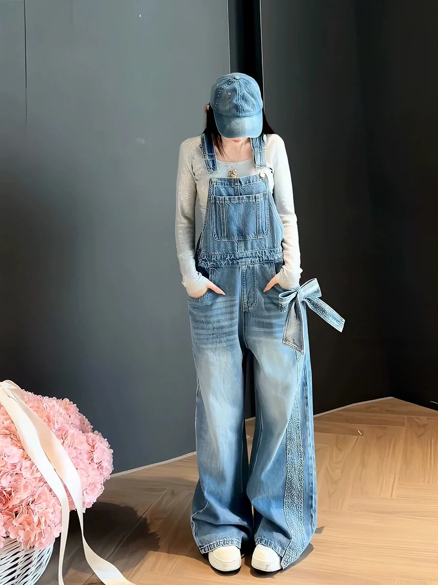 

2026 New American Retro Workwear Women's Denim Overalls Faion Straight Leg Street Loose Wide Leg Jumpsuit High Waist Jeans