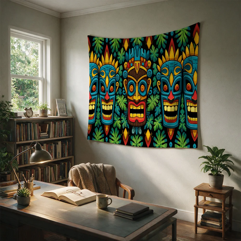 Vibrant Tribal Mask Tapestry Bohemian Wall Hanging Ethnic Decor Boho Living Room Art Textile