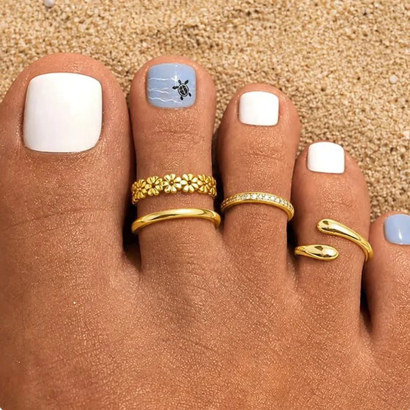 4Pcs 18K Gold Plated Filled Toe Rings Set Adjustable Flower CZ Wave Dainty Non Tarnish Waterproof Summer Beach Foot Jewelry