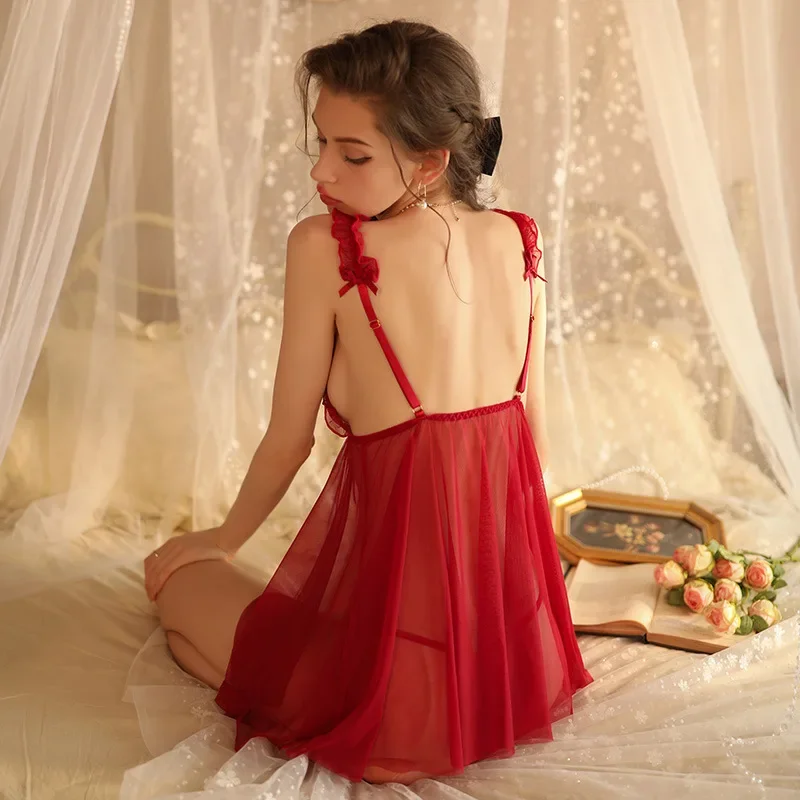 Sexy Babydolls Lace Pajamas Women\'s Nightdress Deep V-Neck Mesh Sleeveless Pajamas Sexy Sling Nightgown Hot Exotic Nightdress