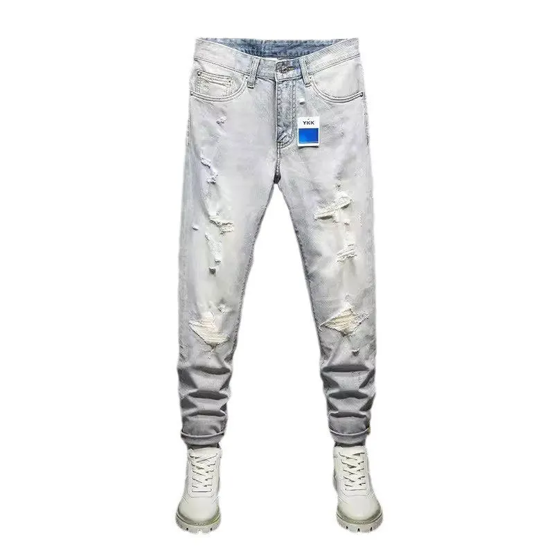 Street Fashion Men Jeans Retro Light Blue Stretch Slim Fit Hole Ripped Jeans Men Vintage Designer Denim Pants Hip Hop Trousers