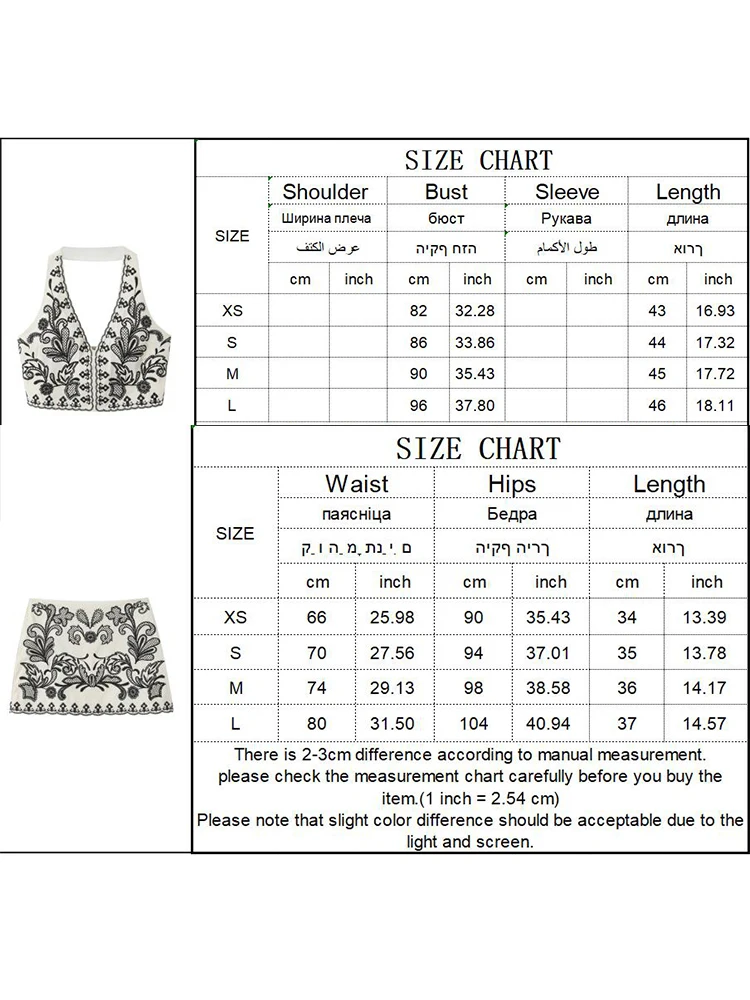 TRAF New Women Fashion Embroidered 2PCS Skirts Set 2024 Chic Halter Shirt Neck Backless Top & Skirts Summer Sexy Shorts Sets