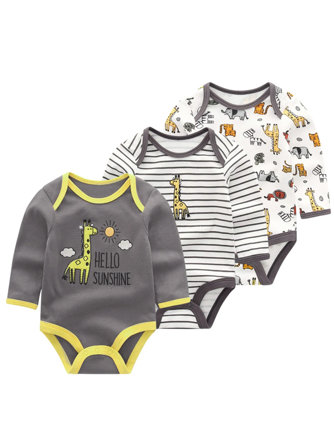 Cartoon Baby Boy Girl Bodysuits 3-Pack Unisex Long Sleeve Onesies Spring Autumn Cotton Infant Clothing Sets