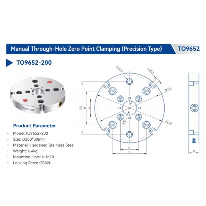 Manual Through-Hole Zero Point Clamping Precision Type TO9652-200 Self-Centering