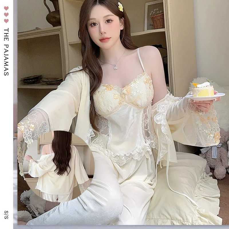 

Spring Autumn New Female 3PCS Pajamas Set Sleepwear Sexy Lace Bathrobe Pijamas Suit Loose Casual Velour Nightwear Home Clothes